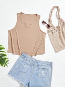 INAWLY Của phụ nữ Kích thước lớn Không tay Áo Với Đường viền cổ có rãnh , Màu thuần - Cà phê nâu - Xem 1