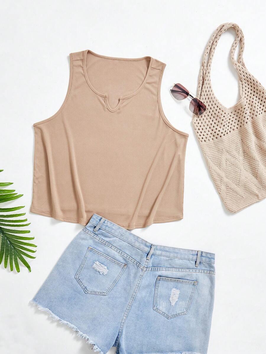 INAWLY Của phụ nữ Kích thước lớn Không tay Áo Với Đường viền cổ có rãnh , Màu thuần - Cà phê nâu - Xem 1