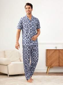 Men's Gentleman Style Blue Plaid Lapel Short Sleeve Button Front Pajama Set With Slight Stretch Fabric - Blue - View 2