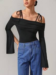 Oxana Designer Women's Cold Shoulder Black Top With Slit Flare Sleeves And Off Shoulder, For Holiday, Vacation, Spring, Spring, Going Out, Festival, Ibiza Fits - Black - View 7