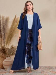 Al Najma Plus Size Marble Print Dress And Solid Color Coat Two Pieces Set 2 Pieces Set - Multicolor - View 1