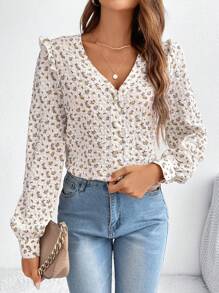 SHEIN Frenchy Cottagecore V領花卉印花上衣,肩部襱邊妖精裝夏季上衣情人節上衣 - 棕色 - 查看 2