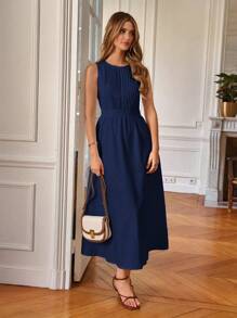 Poéselle Kvinnors Ärmlös Runda Hals Klänningar - Marinblå - Visa 2