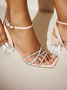 SheIn SXY 鑲有鑽石的交叉綁帶高跟涼鞋 - 杏色 - 查看 3