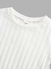 SHEIN Áo thun dệt kim ngắn tay có gân màu trơn dành cho nữ sinh Tween (3 gói) có đường viền cổ tròn - Màu xanh Cadet - Xem 7