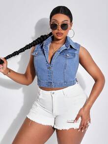 SHEIN SXY Chaleco De Mezclilla De Talla Grande Para Mujer Con Cuello De Solapa - Azul lavado medio - Ver 3