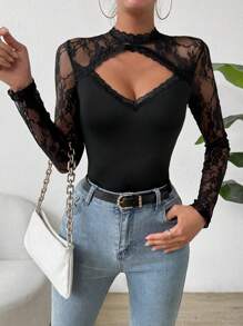 SHEIN Unity Women's Lace Patchwork Hollow Out Top - Black - View 4