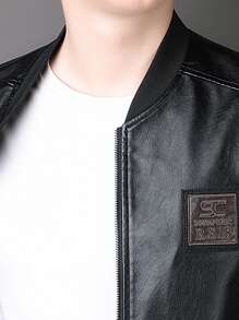 男士字母設計拉鍊前短毛絨夾克,帶徽章細節 - 黑色 - 查看 4