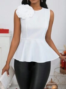 SHEIN Clasi 女式无袖衬衫，带 3D 花卉装饰和荷叶边 - 白色 - 查看 5