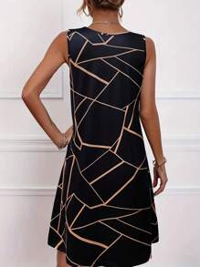 Women'S Geometric Pattern Design Dress With Stripes - Black - View 2
