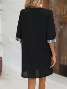 SHEIN LUNE Kim sa Vá lại Cổ chữ V Đầm - màu đen - Xem 2
