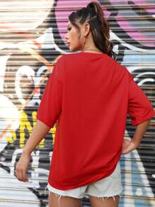 SHEIN EZwear Women's Dragon Pattern Loose Fit T-Shirt - Red - View 2