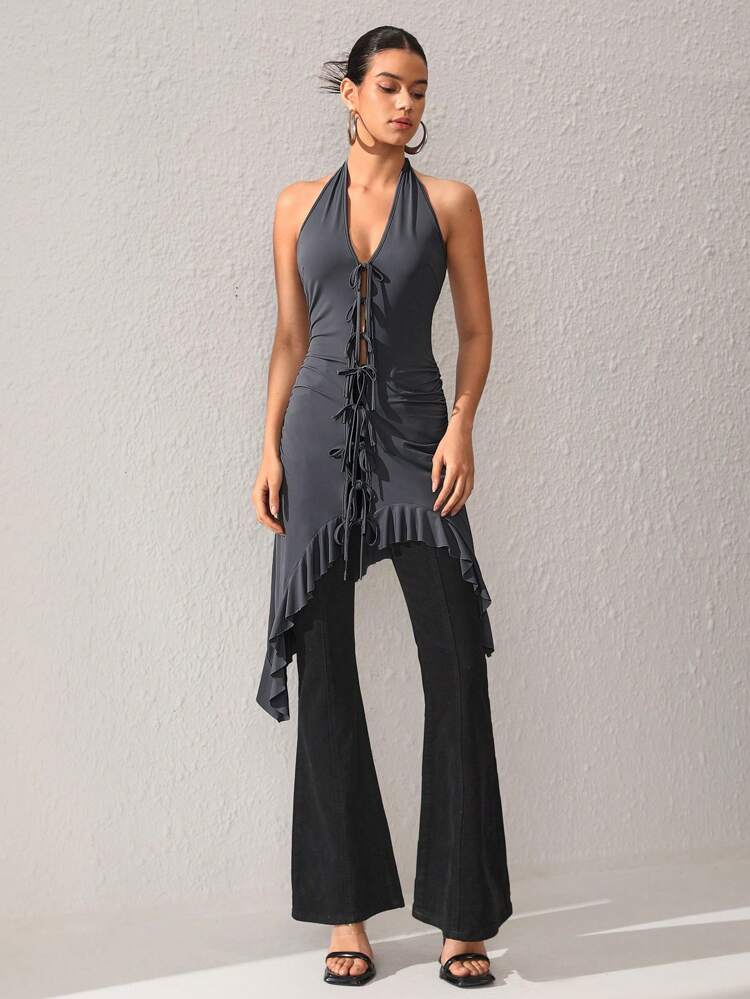 Designer Women's Front Tie Asymmetrical Ruffle Hem Halter Top, For Summer, Holiday, Going Out, Festival