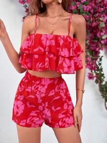 SHEIN VCAY Women's Floral Print Casual Two-Piece Set - Red - View 6