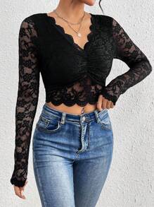 SHEIN Frenchy Women's Lace & Pleated Top - Black - View 4