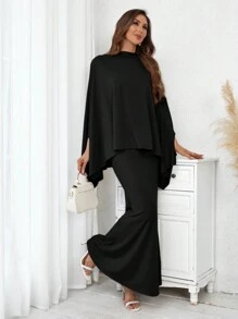 SHEIN Privé Women's Stand Collar Batwing Sleeve Top And Skirt Set - Black - View 4