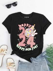 INAWLY 女士新年口號印花圓領t恤 - 黑色 - 查看 1