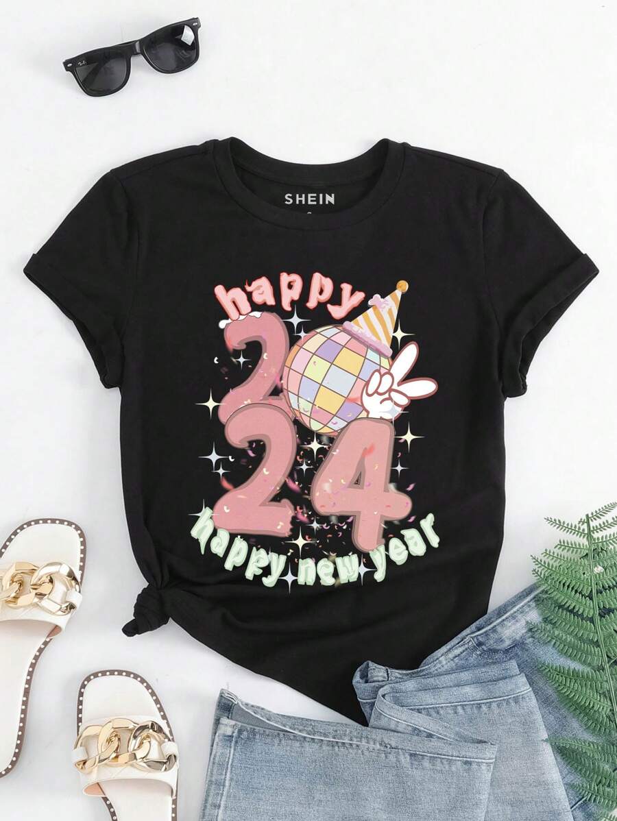 INAWLY 女士新年口號印花圓領t恤 - 黑色 - 查看 1