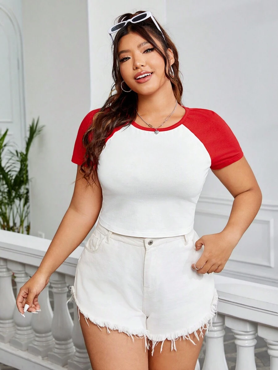 SHEIN EZwear 情人節針織拼接大尺碼女士網球短袖T恤 - 紅白色 - 查看 1