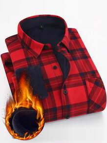 Manfinity Hypemode Men's Plaid Shacket With Warm Lining & Front Pocket - Red - View 1