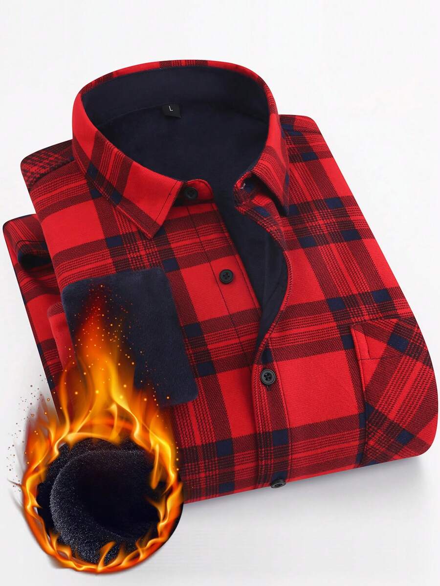 Manfinity Hypemode Men's Plaid Shacket With Warm Lining & Front Pocket - Red - View 1