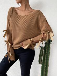 SHEIN Essnce Knotted Split Long Sleeve Solid Color Pullover Sweater - Brown - View 6
