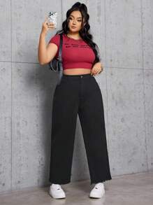 CovetEZ 大尺碼純色直筒牛仔褲 - 黑色 - 查看 6