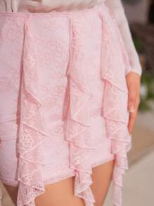 Zolique Women's Lace Splicing Ruffle Hem Skirt - Pink - View 6