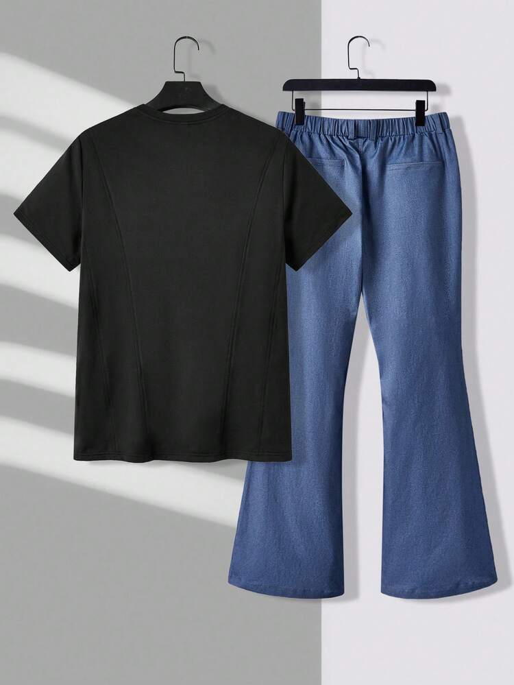 Men's Round-Neck Short Sleeve T-Shirt And Flared Pants Knitted Casual 2pcs/Set