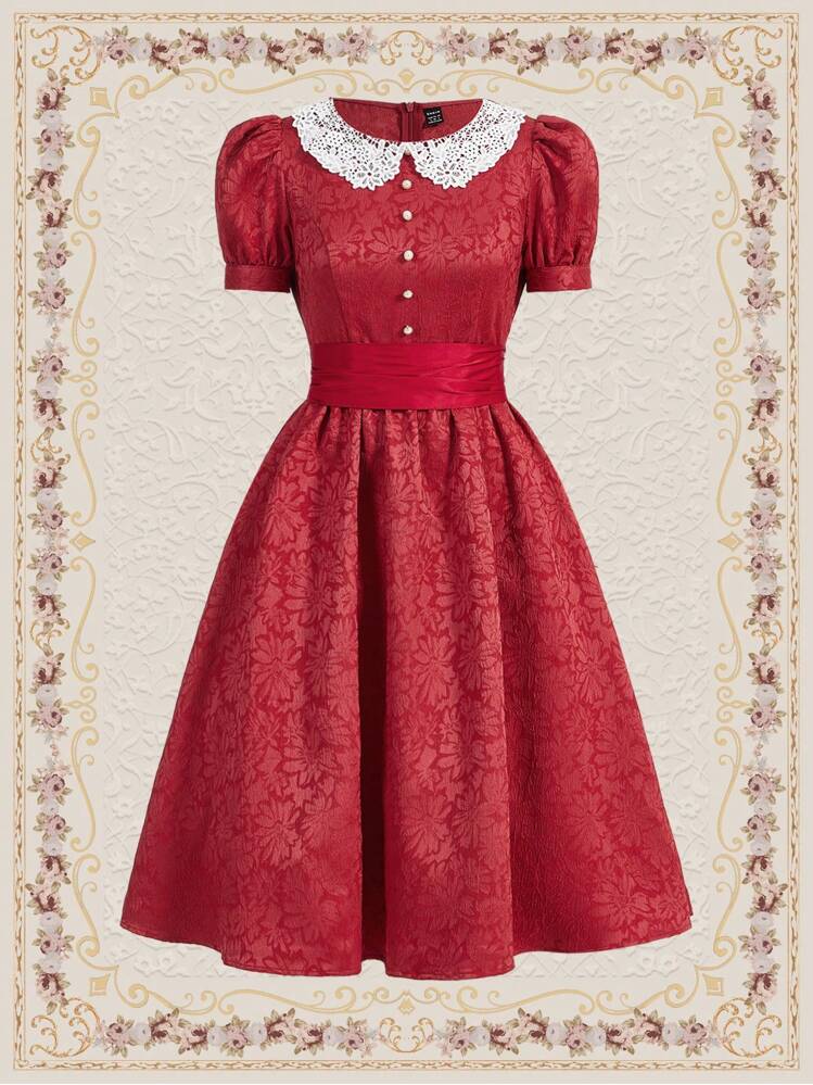 SHEIN DECDS Ladies' Color Block Lace Peter Pan Collar Puff Short Sleeve  Dress Red Dress | SHEIN USA