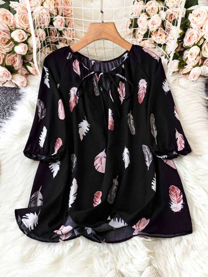 Plus Size Women Feather Print Bow-Tie Collar Blouse, Summer