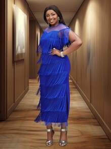 大码女式纯色透视网眼拼接流苏圣诞派对连衣裙