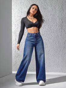 SHEIN EZwear Straight Leg Jeans With Stone Wash - Blue - View 5