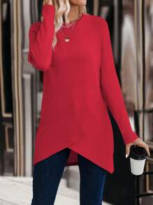 EMERY ROSE 不對稱下擺包裝描述圓領t恤 - 紅色 - 查看 4