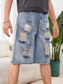 Thiếu niên Con trai Retro Phong cách đường phố Nhăn Cắt , Rách , Denim mùa giặt , Lỏng lẻo & Thoải mái Quần short Denim - Rửa nhẹ - Xem 5