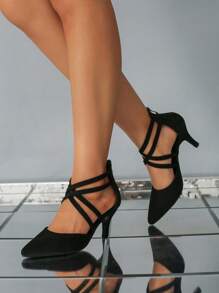 少女性感尖頭跨綁細跟黑色高跟鞋 - 黑色 - 查看 4