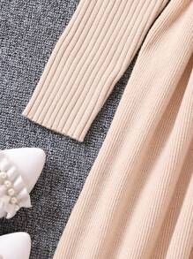 SHEIN Tween Girls' Button Embellished Round Neck Long Sleeve Sweater Dress (Belt Not Included) - Apricot - View 5