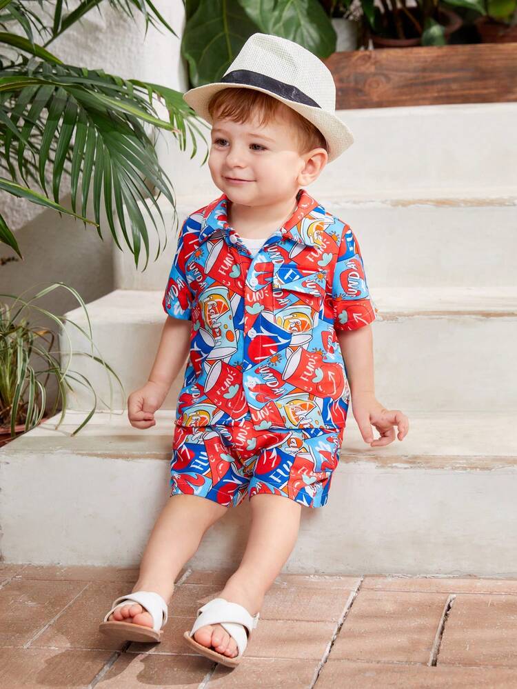 Unisex Baby Casual Street Pattern Short Sleeve Shirt And Shorts Set