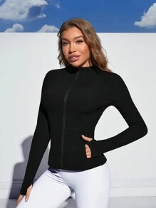 Daily&Casual Zippered Collar, Pocketed Black Jacket - Black - View 4