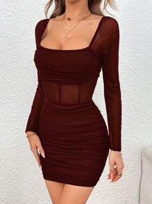 Firerie Women's Mesh Contrast High Waist Ruffle Bodycon Dress