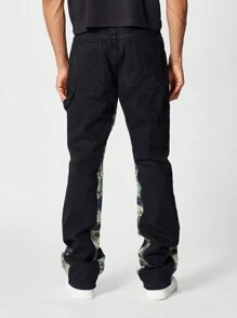 SUMWON Flare Fit Workwear Jean With All Over Print Panel - Black - View 4