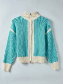 Flirla Women's Contrast Color Zipper Cardigan With Open Front