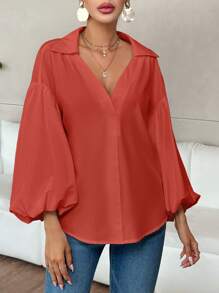 SHEIN Privé Women's Elegant Resort & Office Stylish Lantern Sleeve Button V-Neck Polka Dot Print White Shirt Old Money Quiet Luxury Fall Clothes Work Women Blouses Fall Blouses - Red - View 4