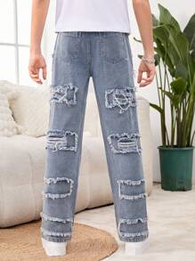 青少年男孩時尚個性化街頭風格拼接破洞牛仔褲 - 淺色水洗藍 - 查看 2