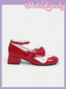 Dola Lovely 女款紅白拼色珍鞋,蝴蝶結、心形和洛麗塔細節,時尚高跟鞋帶腳踝帶 - 紅白色 - 查看 9