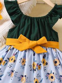 SHEIN 女童渡假風格花卉印花連身裙,帶大蝴蝶結細節 - 綠色 - 查看 5