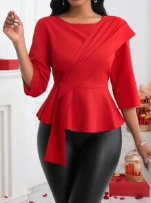 SHEIN Lady Women's Round Neck Pleated Blouse - Red - View 5