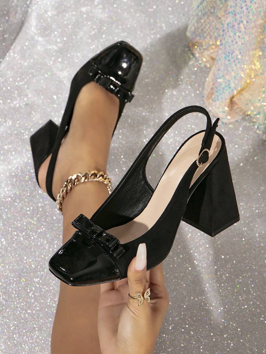 粗跟高跟鞋女士春秋2024新款空心蝴蝶結泵，百搭鞋款，具有優雅風格 - 黑色 - 查看 1