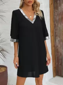 SHEIN LUNE Kim sa Vá lại Cổ chữ V Đầm - màu đen - Xem 4