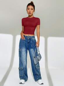 SHEIN EZwear 女士圓領短袖t恤 - 紅色 - 查看 3